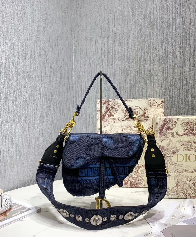 Christian Dior Multicolor Striped Embroidery Saddle Canvas Bag Dark Blue